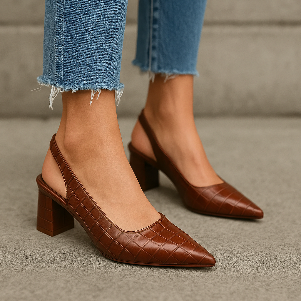 Lodičky Asteria typu slingback s krokodýlím vzorem, špičatou špičkou a širokým podpatkem
