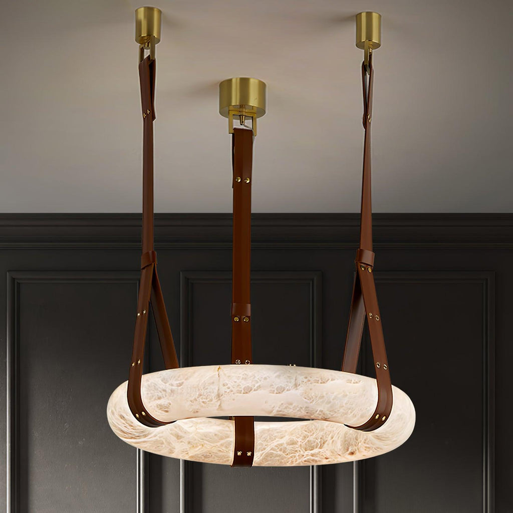 Lampada a sospensione Étoile con anello in alabastro e cinturini in pelle stile scandinavo | Fioriscas