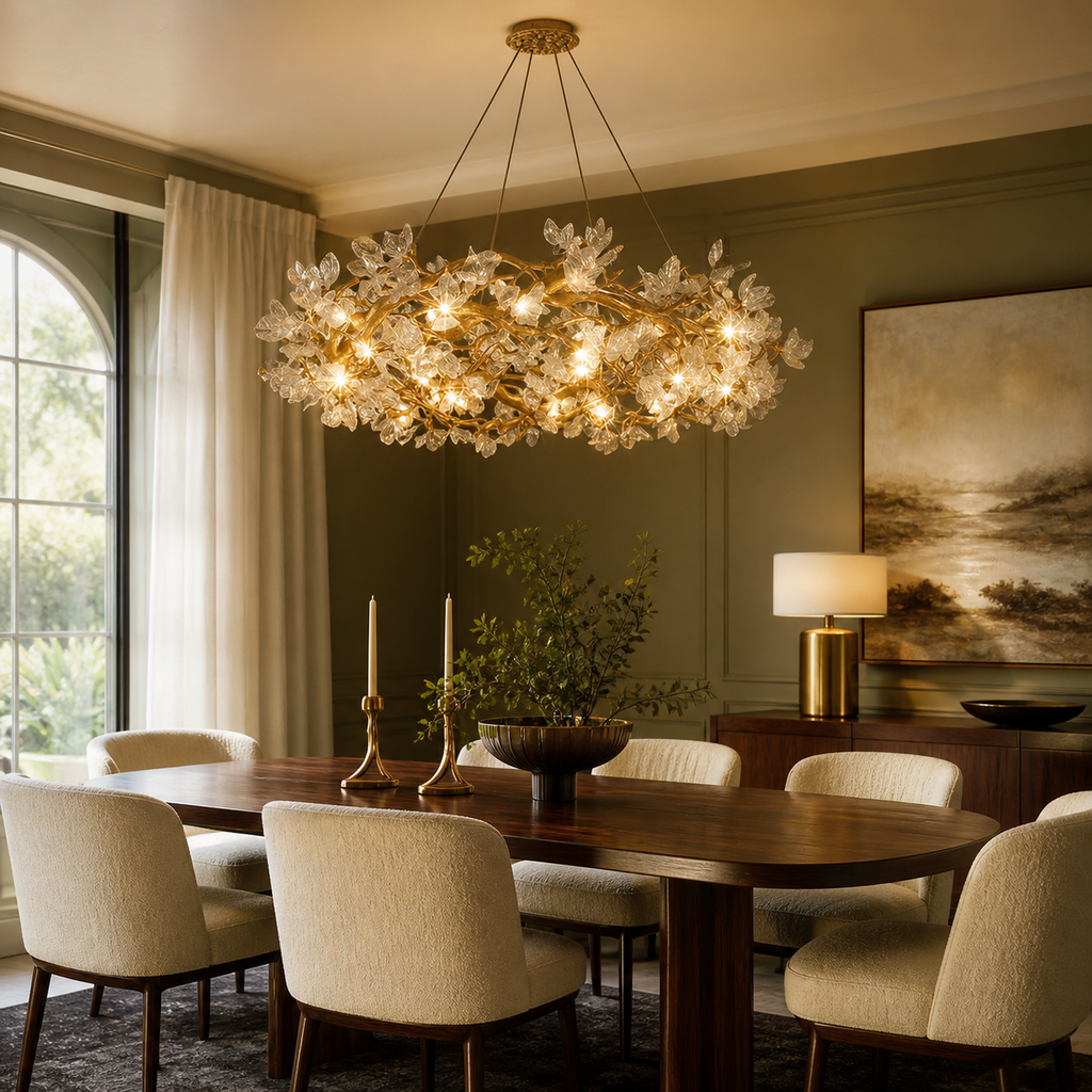 Petalwave Crystal Brass Chandelier With Split Petal Design