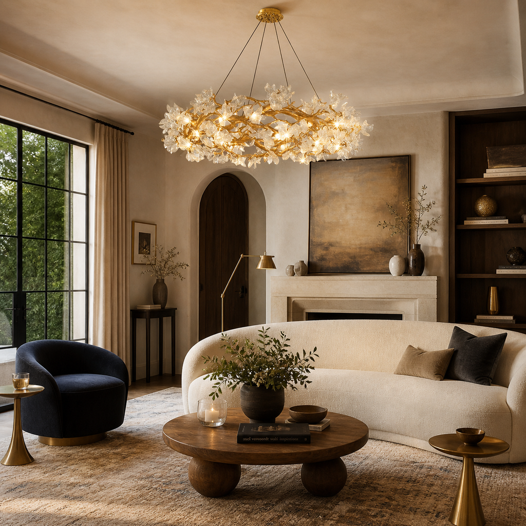 Petalwave Crystal Brass Chandelier With Split Petal Design