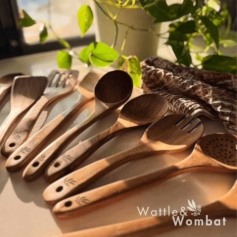 9-Piece Natural Teak Cooking Utensil Set | Fioriscas