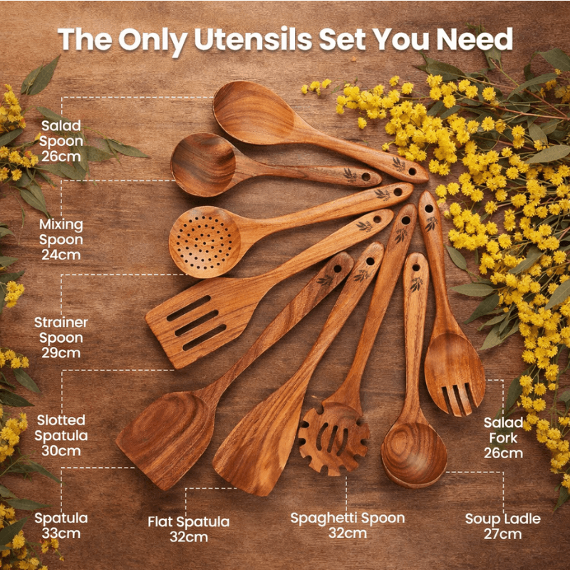 9-Piece Natural Teak Cooking Utensil Set | Fioriscas