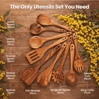 9-Piece Natural Teak Cooking Utensil Set | Fioriscas