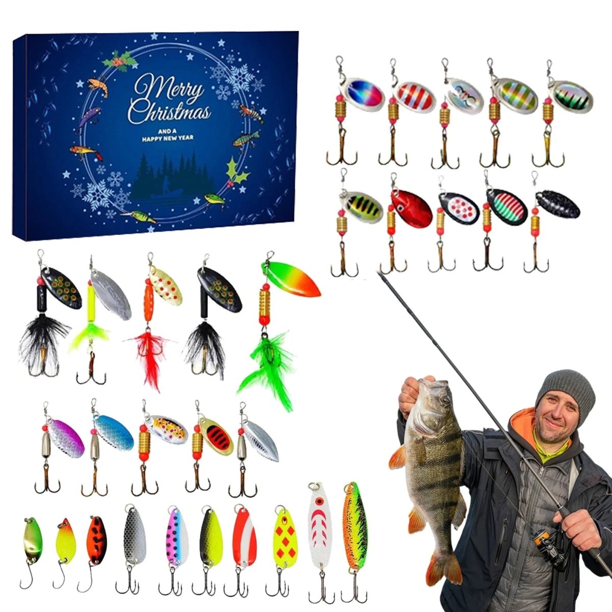 24-day fishing advent calendar with premium baits and tools - Fioriscas