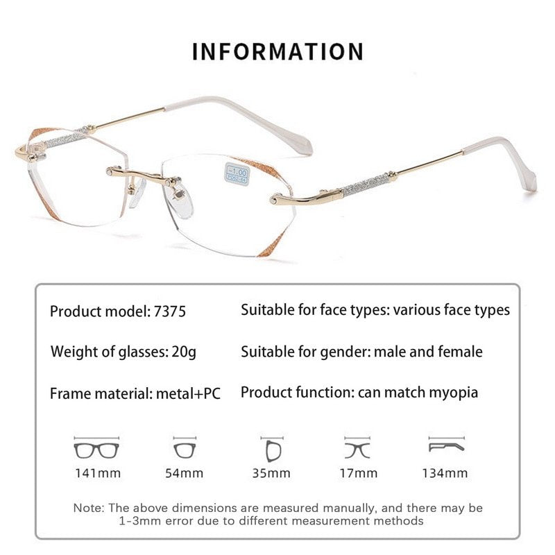 Reading Glasses With Blue Light Filter, Aurena Diamond Rimless Design