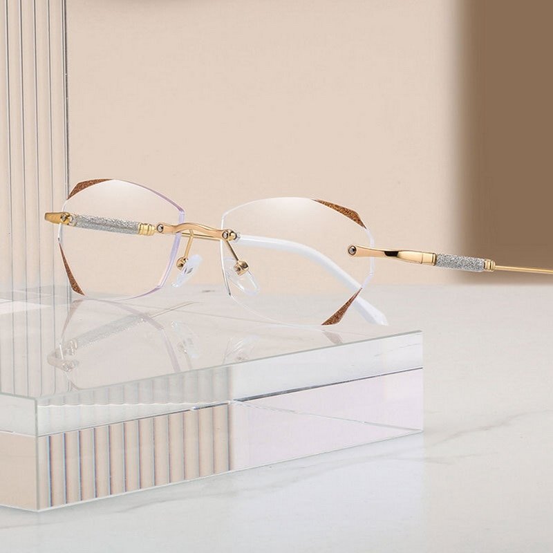 Reading Glasses With Blue Light Filter, Aurena Diamond Rimless Design