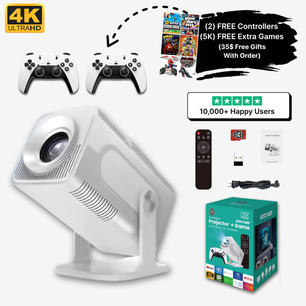 LumaCore retrospilprojektor med indbygget spilbibliotek og to controllere