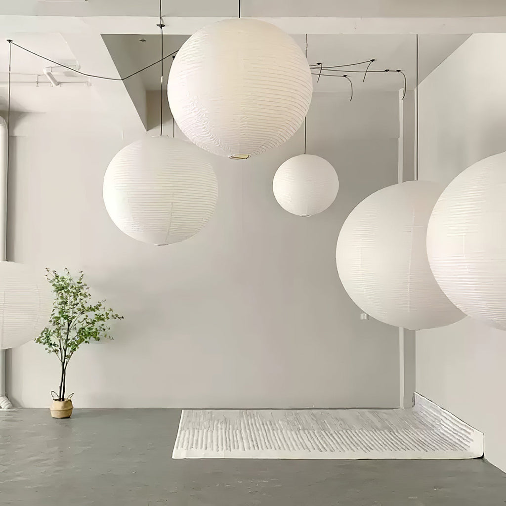 Lumiera rund papperslykta, pendellampa med sladd, vit tråd, japanskinspirerad modernist
