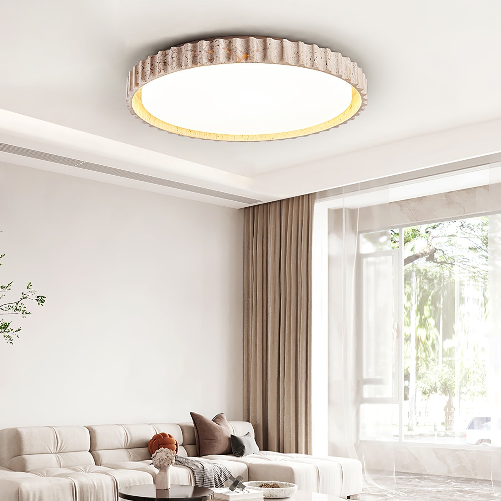 Ornorus geribbelde ring travertijn plafondlamp | Fioriscas