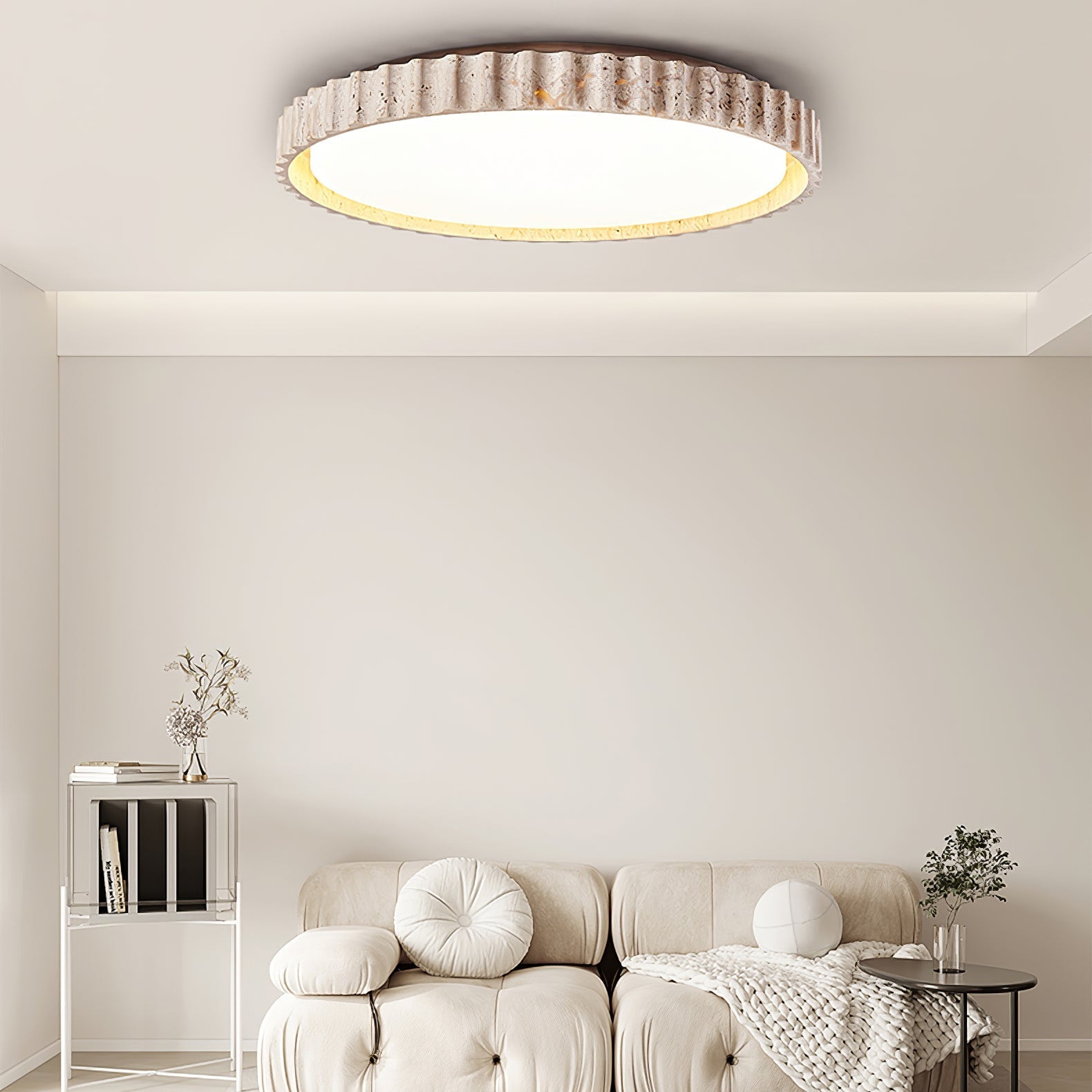 Ornorus geribbelde ring travertijn plafondlamp | Fioriscas