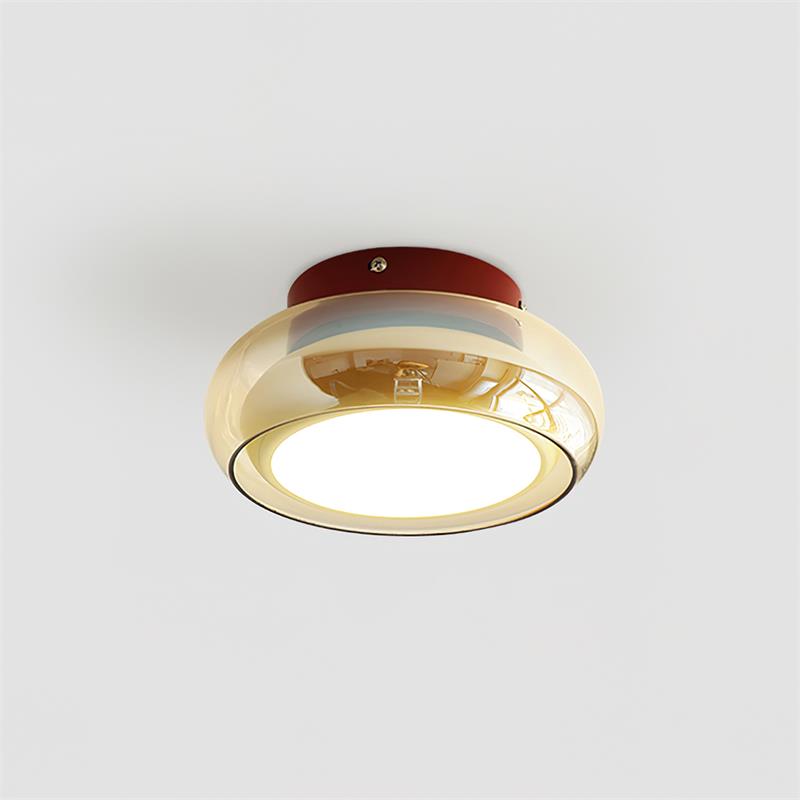 Plafonnier rétro, verre couleur cognac LumaNova avec bande décorative rouge
