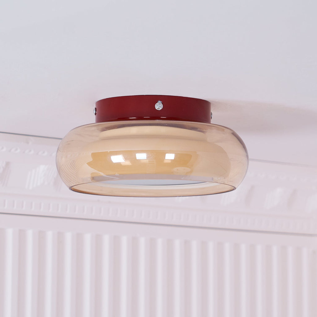 Plafonnier rétro, verre couleur cognac LumaNova avec bande décorative rouge