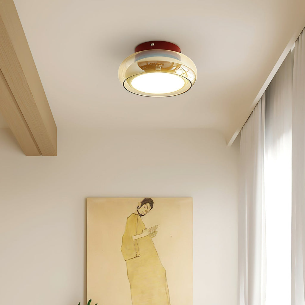 Plafonnier rétro, verre couleur cognac LumaNova avec bande décorative rouge