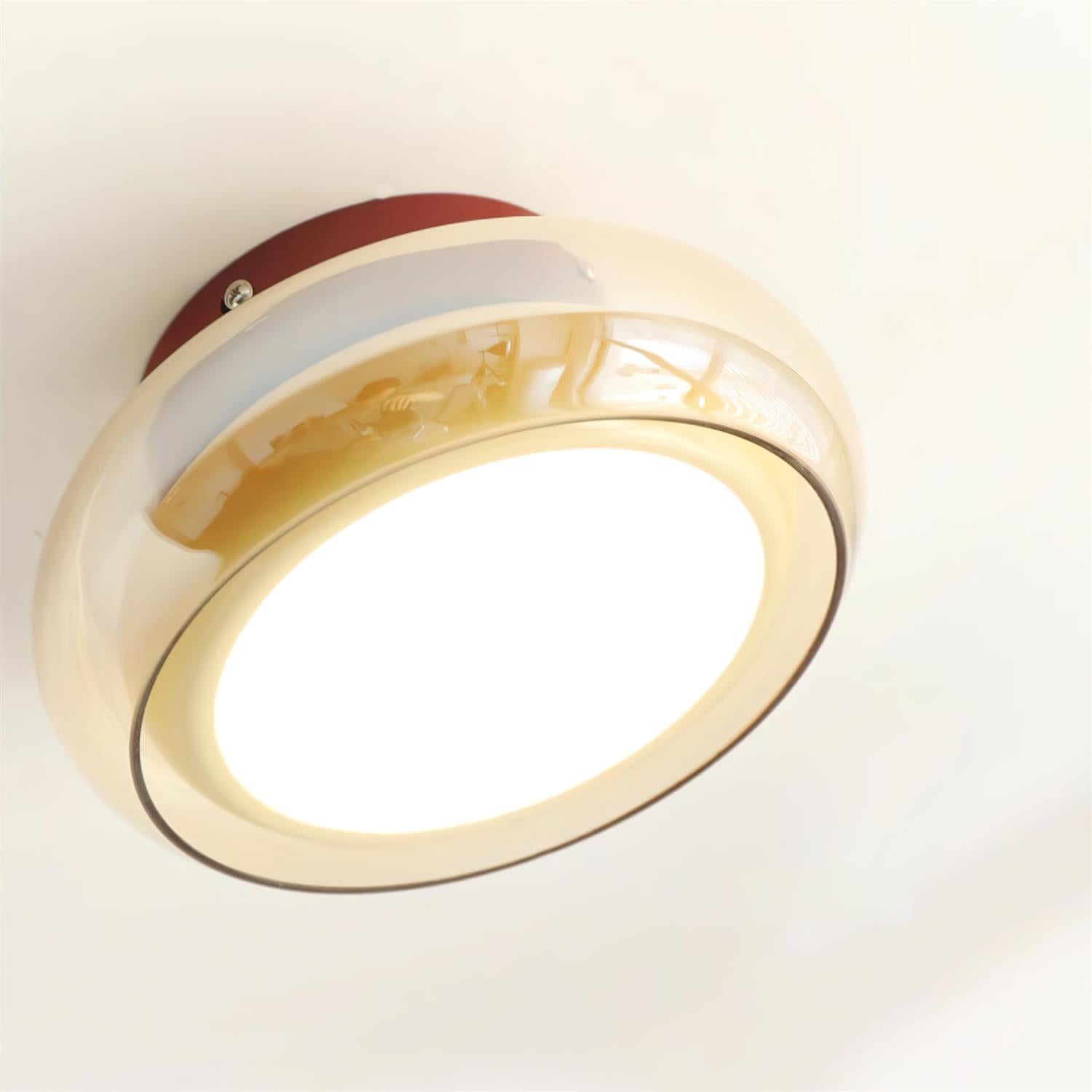 Plafonnier rétro, verre couleur cognac LumaNova avec bande décorative rouge