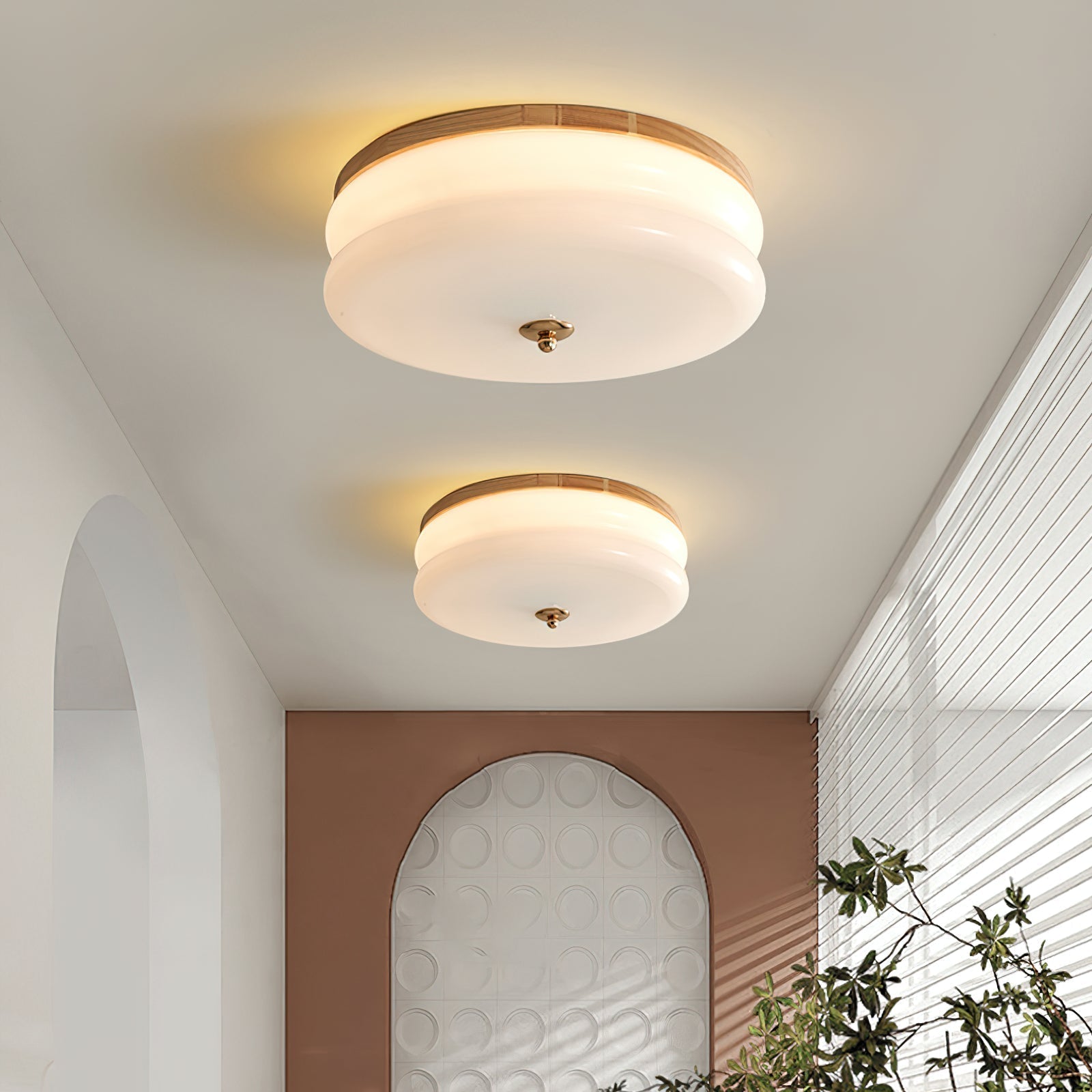 Plafondlamp Dubbel Laags Glazen Schijf Notenhout Minimalistisch | Fioriscas
