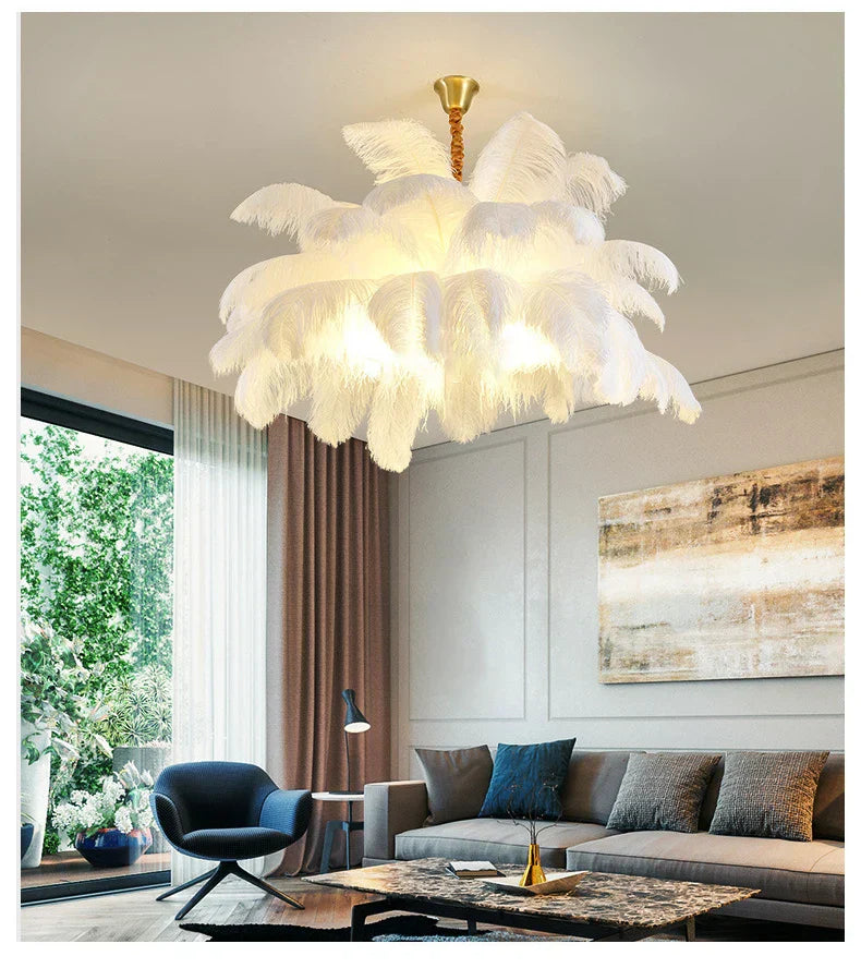AstraFeather Ostrich Feather Pendant Light, White, Black, Grey & Purple