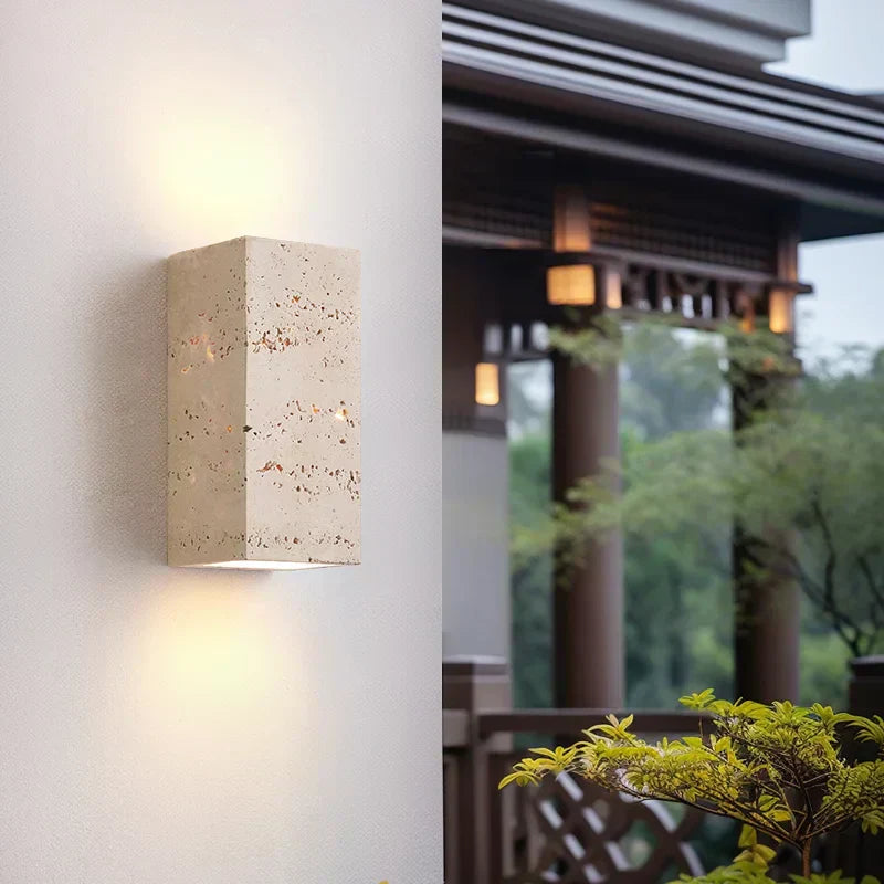 Travertine Wall Sconce With Perforated LED Light, LumaStone
