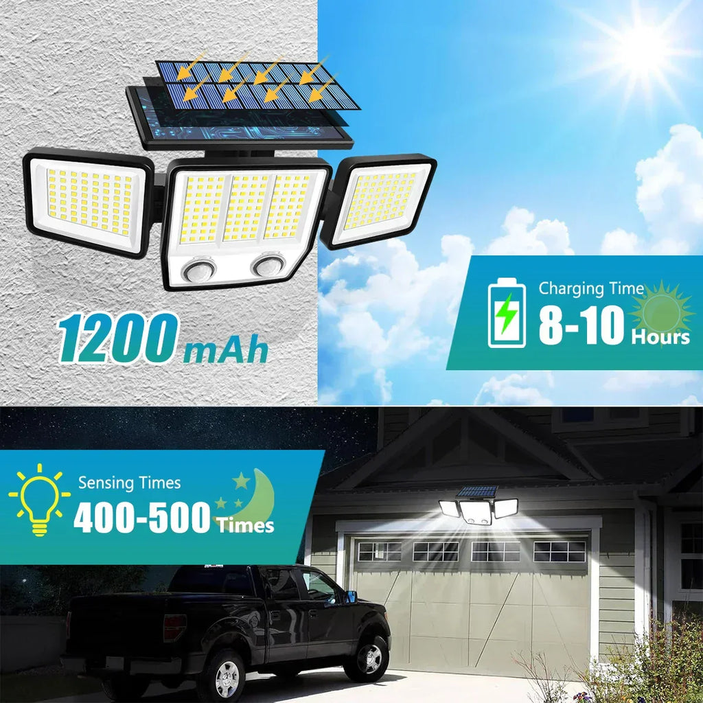 Lampada solare da esterno con sensore a tre teste, copertura del movimento a 270 gradi e 3000 lumen | Fioriscas