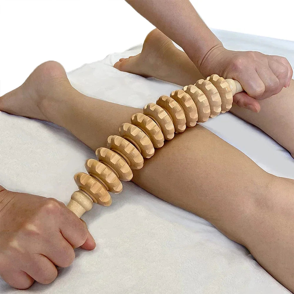 Wood Massage Tool With Nine Rollers That Rotate, Non-Slip Grip