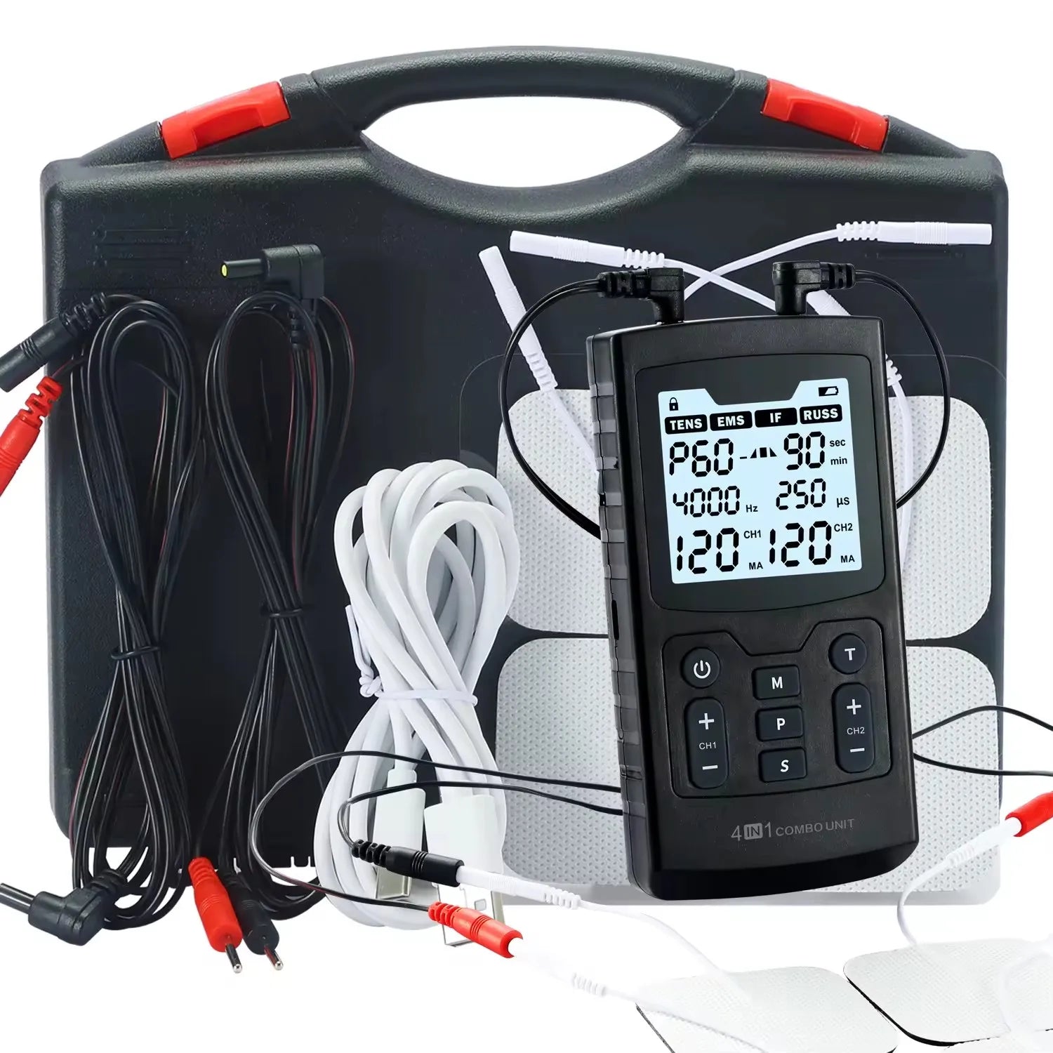 4-i-1 elektrisk stimulator med flere tilstande, 120 intensitetsniveauer og 60 programmer