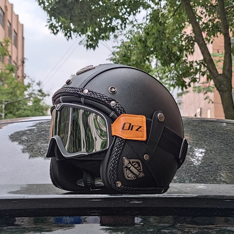 Otevřená motocyklová helma s retro povrchem z PU kůže, certifikace DOT