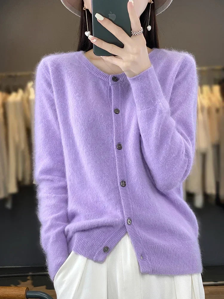 Aurea-cardigan i kashmir til kvinder, strikket sweater med afslappet pasform i 12 farver