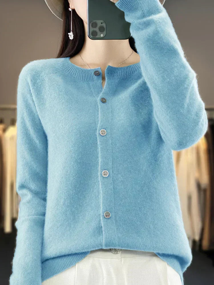 Merino Wool Knit Cardigan for Women with Soft O-Neck Collar