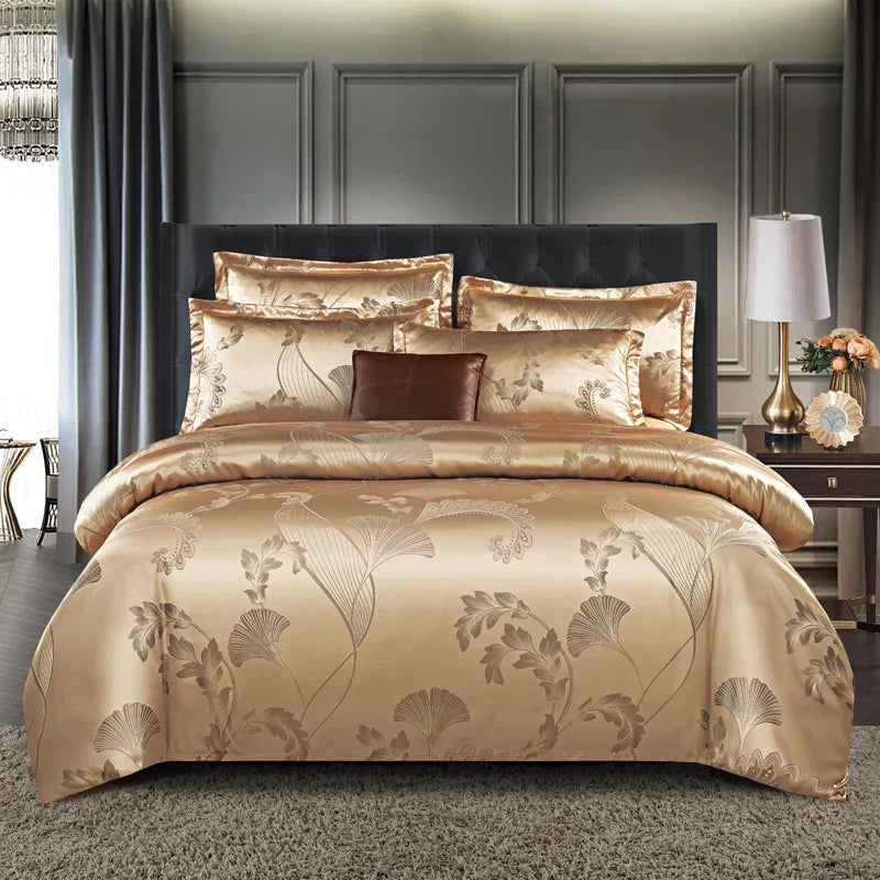 Set copripiumino in raso jacquard blu e oro Aurelume, da matrimoniale a king size super extra large