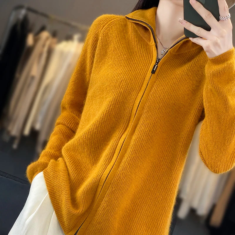 Kašmírový kardigan Lyra, korejský pletený styl volného střihu, s dlouhými rukávy a zapínáním na zip