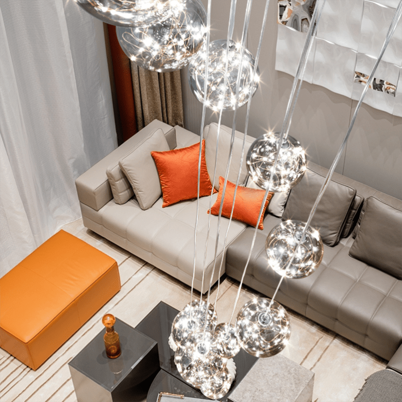 Glass Orb Staircase Chandelier, Brushed Stainless Frame, Cascading LED Design