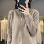 Kašmírový kardigan Lyra, korejský pletený styl volného střihu, s dlouhými rukávy a zapínáním na zip