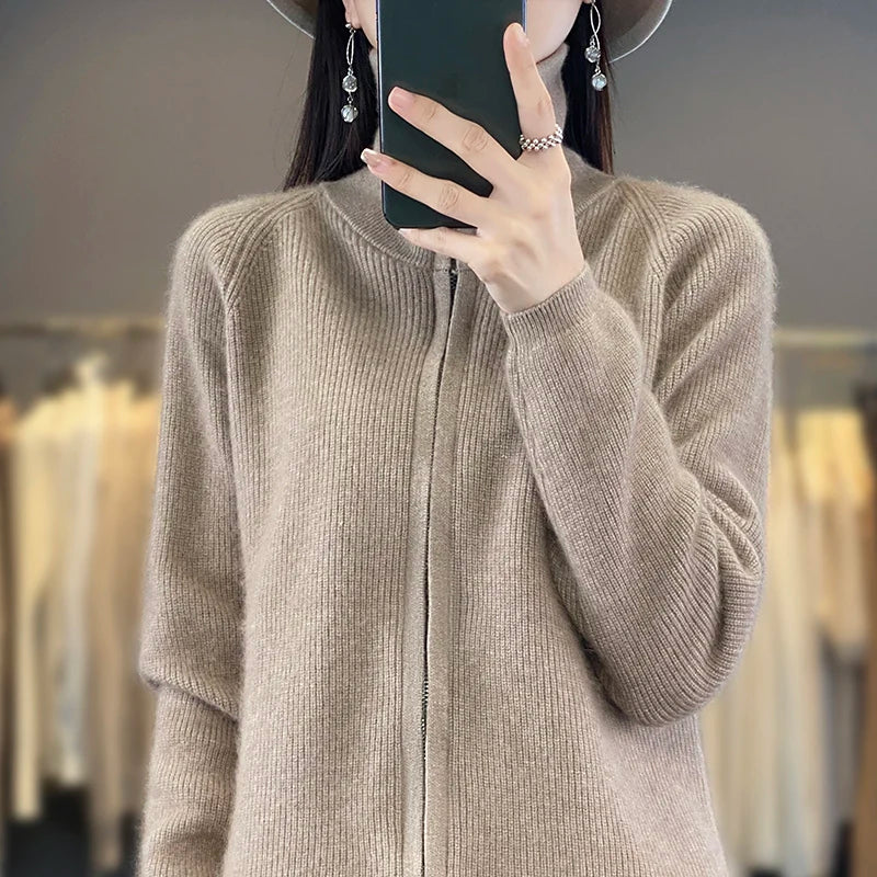 Kašmírový kardigan Lyra, korejský pletený styl volného střihu, s dlouhými rukávy a zapínáním na zip