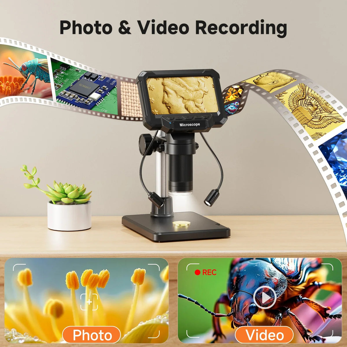 Microscópio digital de 4.3 polegadas com ampliação de 1600X, vídeo 1080P e 8 luzes LED | Fioriscas