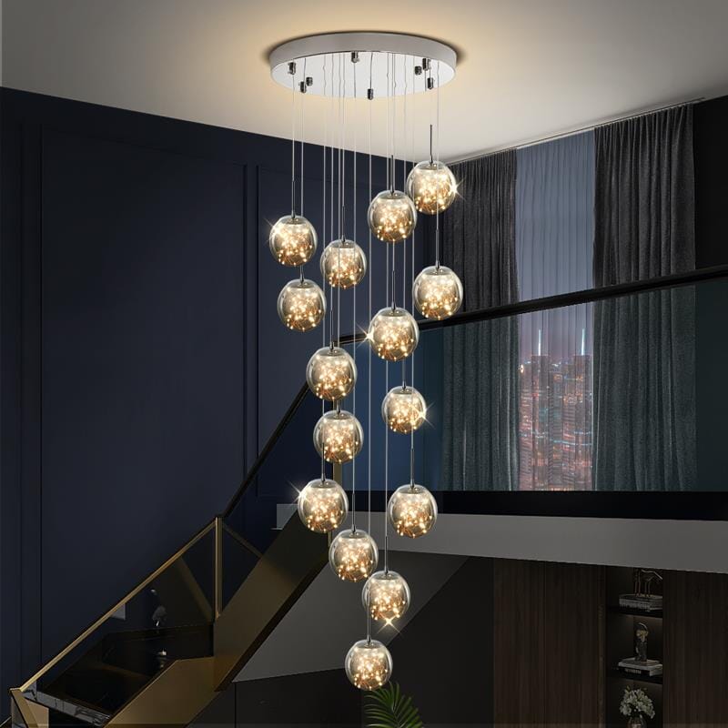 Glass Orb Staircase Chandelier, Brushed Stainless Frame, Cascading LED Design