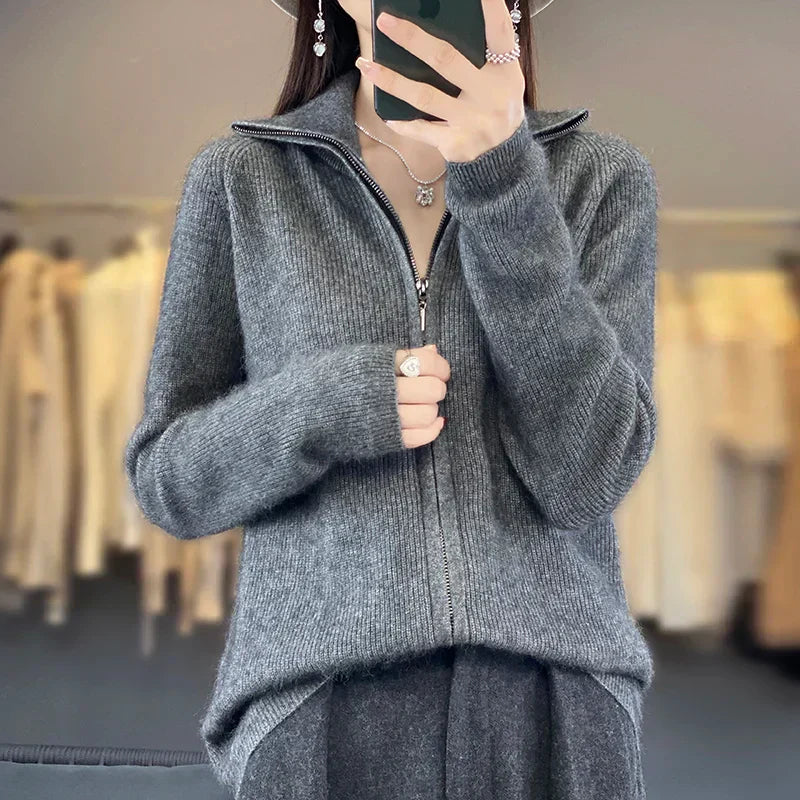 Kašmírový kardigan Lyra, korejský pletený styl volného střihu, s dlouhými rukávy a zapínáním na zip