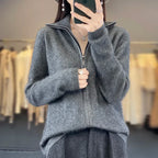 Kašmírový kardigan Lyra, korejský pletený styl volného střihu, s dlouhými rukávy a zapínáním na zip