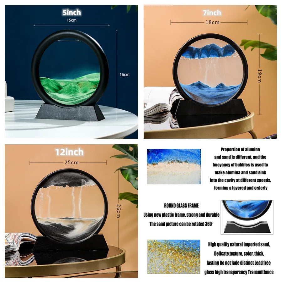 3D Kinetic Sand Hourglass With Flowing Color In Glass Frame