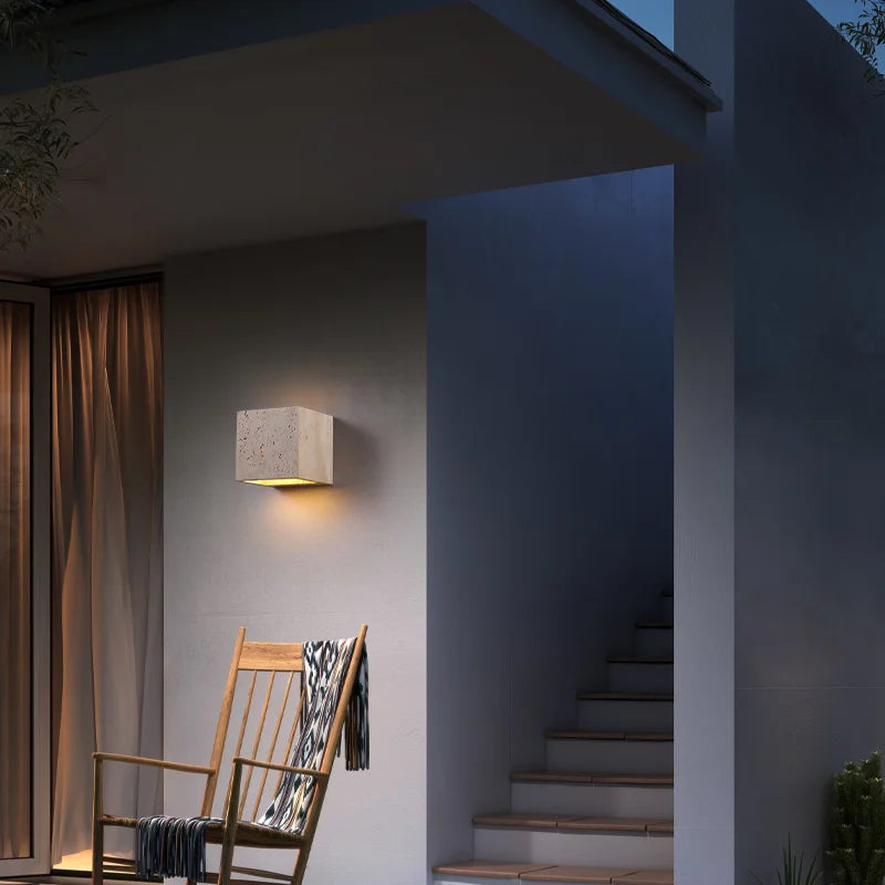 Travertine Wall Sconce With Perforated LED Light, LumaStone