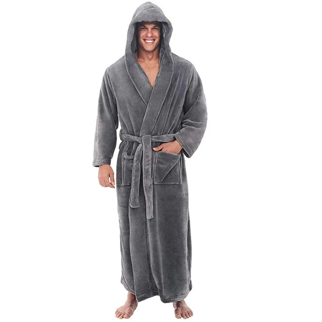 CozyNest Plüsch-Bademantel mit Kapuze für Herren, warmer Fleece-Bademantel mit langen Ärmeln