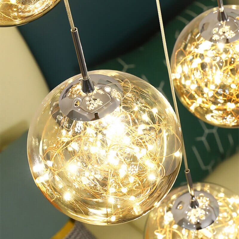 LuminaOrb Staircase Chandelier With Glass Orb Cluster, Warm LED Glow