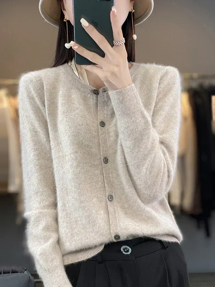 Aurea-cardigan i kashmir til kvinder, strikket sweater med afslappet pasform i 12 farver