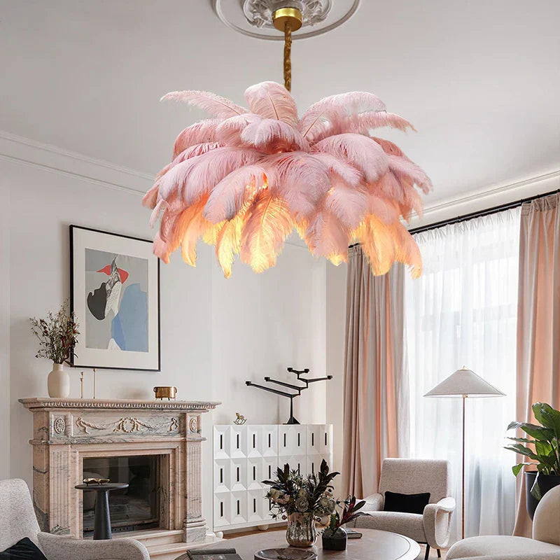 AstraFeather Ostrich Feather Pendant Light, White, Black, Grey & Purple