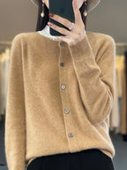 Merino Wool Knit Cardigan for Women with Soft O-Neck Collar
