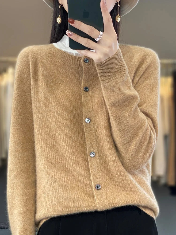 Merino Wool Knit Cardigan for Women with Soft O-Neck Collar