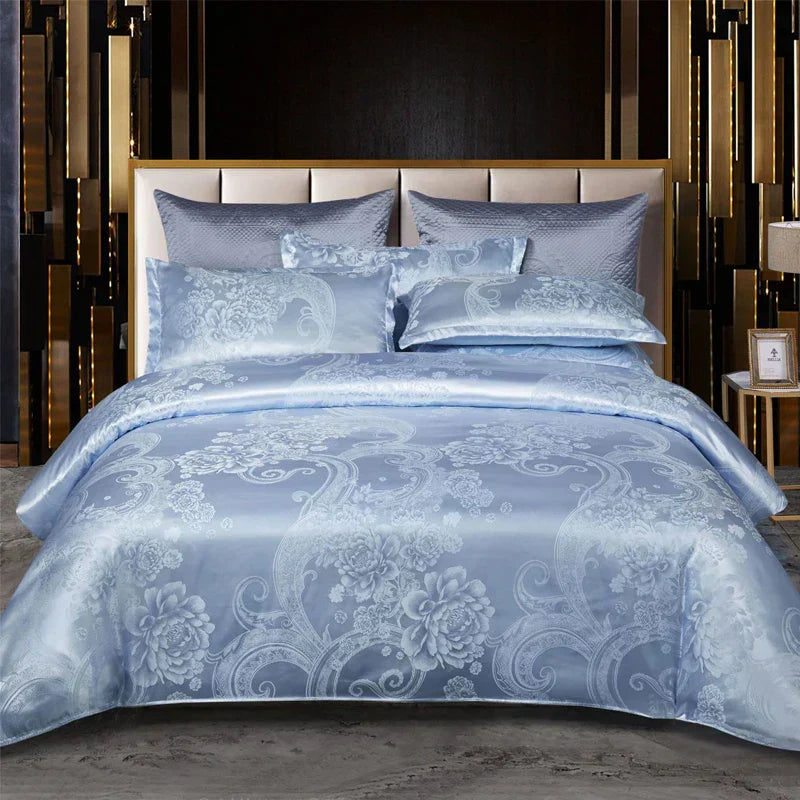 Set copripiumino in raso jacquard blu e oro Aurelume, da matrimoniale a king size super extra large