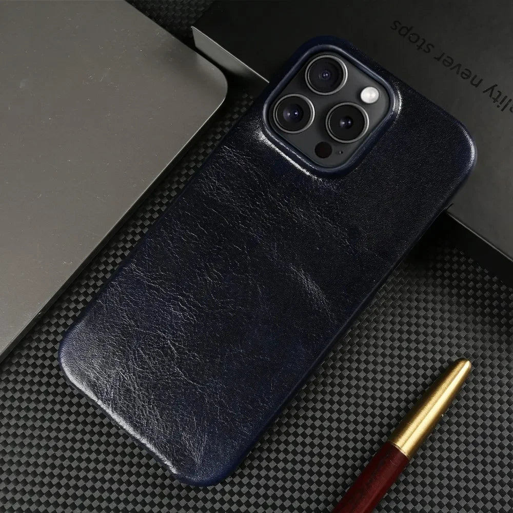 Ægte koskindslæder iPhone-etui, håndlavet, 5 farver