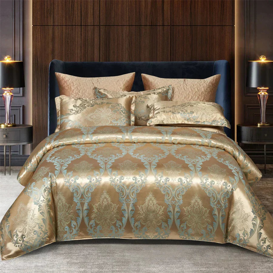 Set copripiumino in raso jacquard blu e oro Aurelume, da matrimoniale a king size super extra large