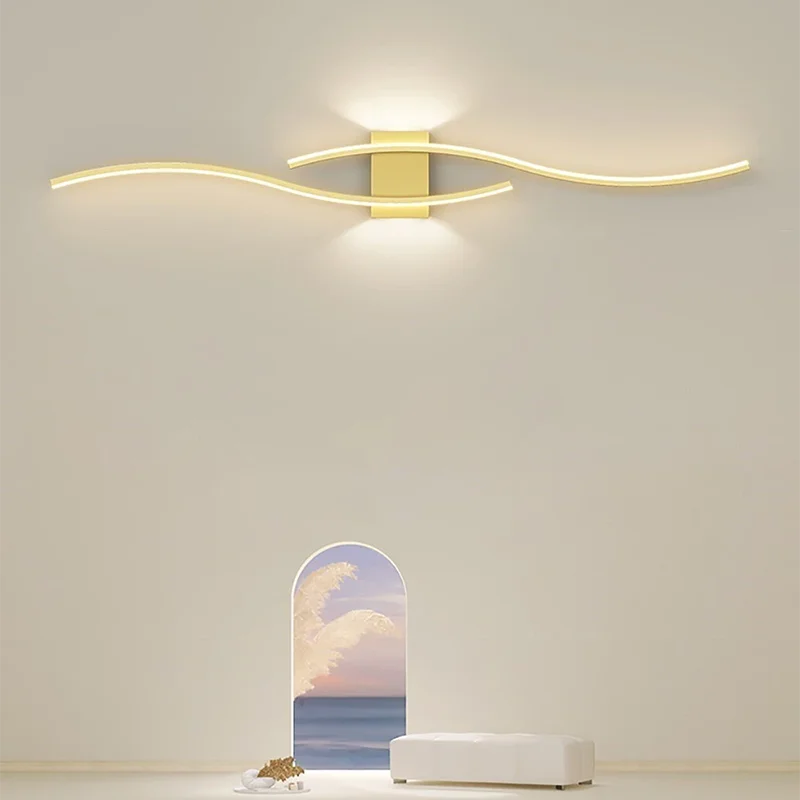 LED Wall Sconce with Double-Curve Design, Remote Control, Black & Gold