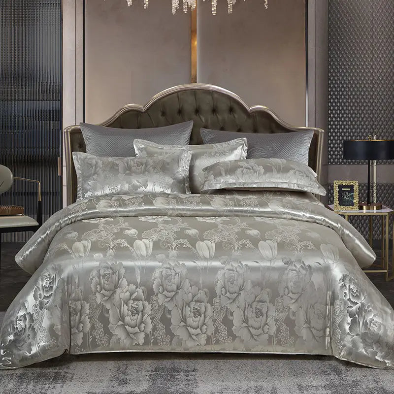 Set copripiumino in raso jacquard blu e oro Aurelume, da matrimoniale a king size super extra large