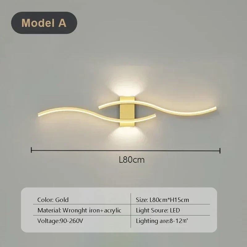 LED Wall Sconce with Double-Curve Design, Remote Control, Black & Gold